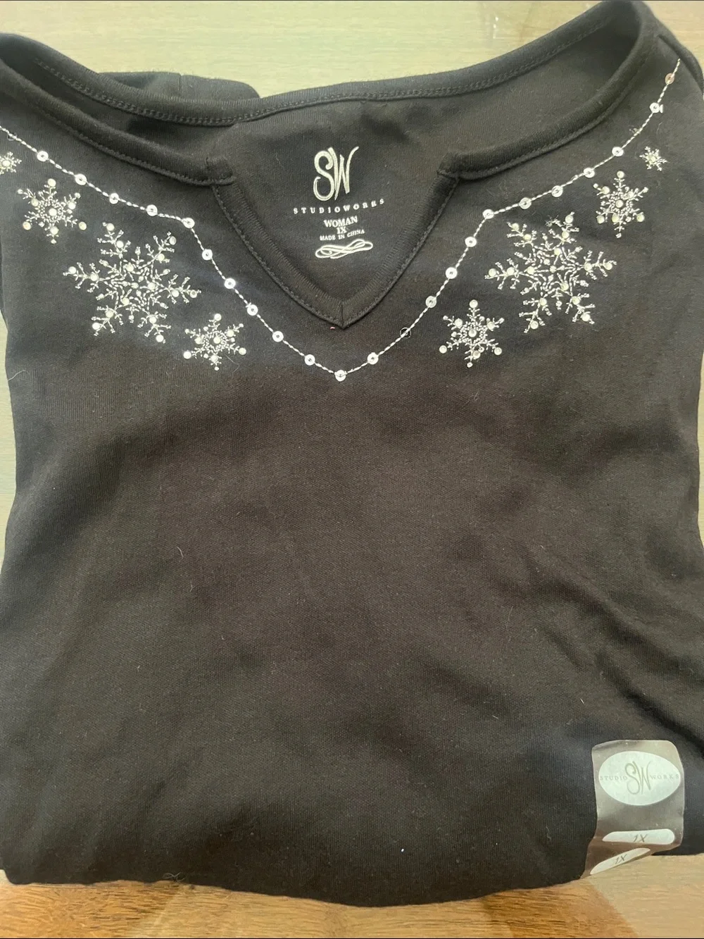 Studio Works Black Long-Sleeve V-Neck Top with Snowflake Embroidery